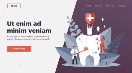 Tiny people cleaning big tooth flat vector illustration. Man holding banner with medical symbol. Doctor and dentist brushing teeth with toothbrush. Stomatology and healthcare concept.