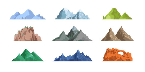 Mountains and rocks flat icon collection. Cartoon snowy mountains, peaks, hill tops vector illustration set. Landscape and nature concept