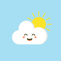 Colorful weather forecast icons. Funny cartoon sun and clouds. Adorable faces with various emotions. Flat vector for mobile app, social network sticker, children book or print. Cloud with sun