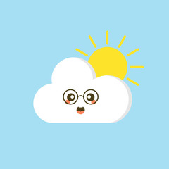 Colorful weather forecast icons. Funny cartoon sun and clouds. Adorable faces with various emotions. Flat vector for mobile app, social network sticker, children book or print. Cloud with sun