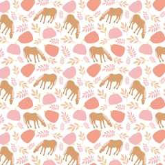 Fotobehang Pink pumpkins and brown horses seamless vector pattern. Hand drawn animal pattern. © Nataliya Dolotko