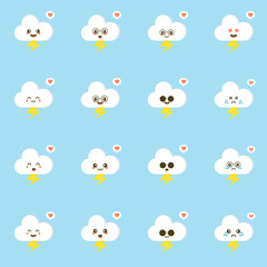 Colorful weather forecast icons. Funny cartoon sun and clouds. Adorable faces with various emotions. Flat vector for mobile app, emoji,  sticker, children book or print. kawaii cloud character