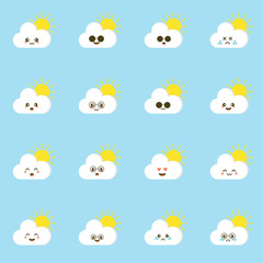 Colorful weather forecast icons. Funny cartoon sun and clouds. Adorable faces with various emotions. Flat vector for mobile app, emoji,  sticker, children book or print. kawaii cloud character