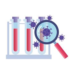 covid19 particles with magnifying glass and tubes tests vector illustration design