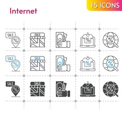 internet icon set. included online shop, shop, money, placeholder, internet icons on white background. linear, bicolor, filled styles.