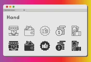 hand icon set. included handshake, wallet, money, like icons on white background. linear, filled styles.
