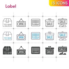 Fototapeta na wymiar label icon set. included gift, sale, package, barcode, open icons on white background. linear, bicolor, filled styles.