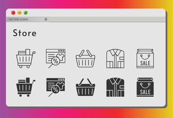 store icon set. included online shop, shopping bag, shirt, shopping cart, shopping-basket, shopping basket icons on white background. linear, filled styles.