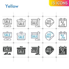 yellow icon set. included gift, calendar, sale icons on white background. linear, bicolor, filled styles.