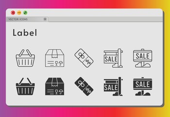 label icon set. included sale, package, discount, shopping-basket, shopping basket icons on white background. linear, filled styles.