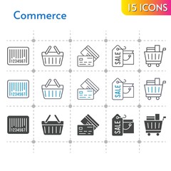 commerce icon set. included shopping bag, shopping cart, shopping-basket, credit card, barcode, shopping basket icons on white background. linear, bicolor, filled styles.