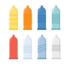 Vector colorful condom icons. Contraception concept. Different forms and types of condoms isolated on white background. Disease prevention and birth control, planning pregnancy symbol.
