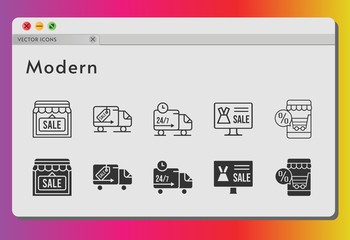 modern icon set. included online shop, shop, delivery truck icons on white background. linear, filled styles.