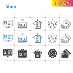 shop icon set. included gift, online shop, shirt, discount, credit card icons on white background. linear, bicolor, filled styles.