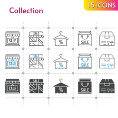 collection icon set. included shopping bag, shop, package, towel icons on white background. linear, bicolor, filled styles.