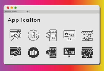 application icon set. included online shop, handshake, like icons on white background. linear, filled styles.