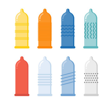 Vector colorful condom icons. Contraception concept. Different forms and types of condoms isolated on white background. Disease prevention and birth control, planning pregnancy symbol.