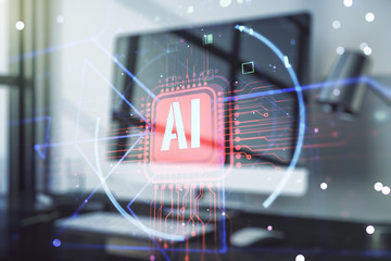 Double exposure of creative artificial Intelligence abbreviation with computer on background....