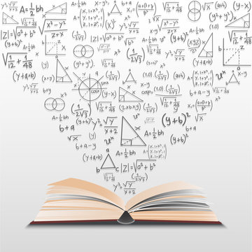Mathematics opened book with flying up math symbols. Education vector elements. Conceptual illustration.