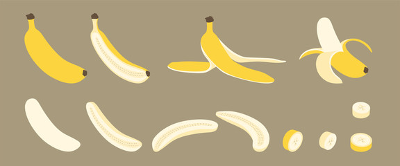 Banana Whole, Peeled, Split and Cut with Banana Peel Simple Vector Set