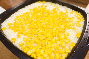Japanese dining table. Rice, side dishes, pickles and stewed dishes