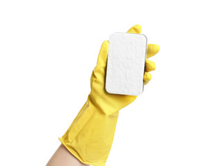 Person in rubber glove with sponge on white background, closeup of hand