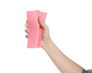 Woman with rag on white background, closeup of hand