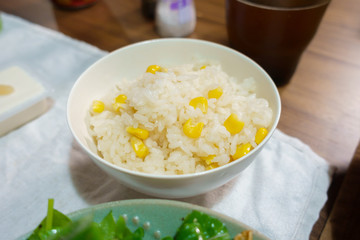 Japanese dining table. Rice, side dishes, pickles and stewed dishes