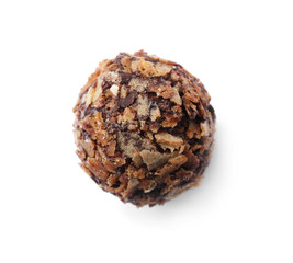 Delicious chocolate candy with waffle crumbles isolated on white