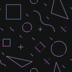 Seamless pattern 3D illustion made with blue and magenta. Empty shapes like circles, squares, triangles, lines and curves. Black background. Cool effect that confuses the eye.