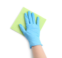 Woman in blue rubber gloves with rag on white background, top view