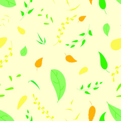 Seamless Pattern of cute little leaves and branches from autumn and spring. warm colors like yellow, orange and green. Pastel yellow background.