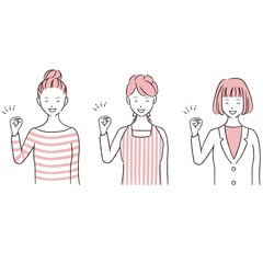 手描き1color  女性3人 ガッツポーズ　上半身