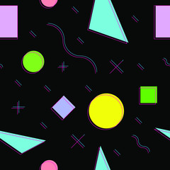 Seamless pattern 3D illustion made with blue and magenta. Colorful shapes like circles, squares, triangles, lines and curves. Black background. Cool effect that confuses the eye.