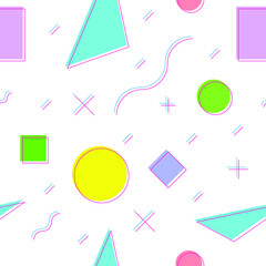 Seamless pattern 3D illustion made with blue and magenta. Colorful shapes like circles, squares, triangles, lines and curves. White background. Cool effect that confuses the eye.
