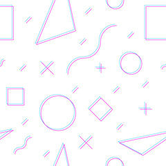 Seamless pattern 3D illustion made with blue and magenta. Empty shapes like circles, squares, triangles, lines and curves. White background. Cool effect that confuses the eye.