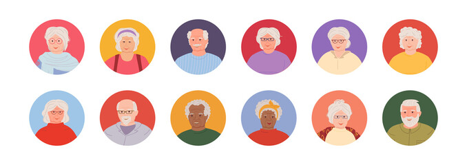 Old people set avatars cartoon style. Multi nationality elderly faces man and womans. Different nations representatives collection of portraits. Isolated vector illustration