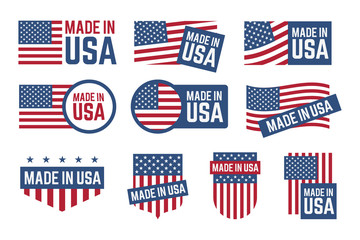 Made in USA badges set. Labels with American national flag pattern with stars and stripes, seal, logo template. Can be used for patriotic stamps, national production, business concept