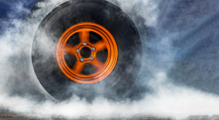 Car spinning wheel make tire warm up with smoke on asphalt street road race track, Acceleration car...