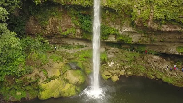 Drone view of a waterfall in the middle of the Chiapas jungle