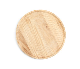 Wooden platter isolated on white, top view. Cooking utensil