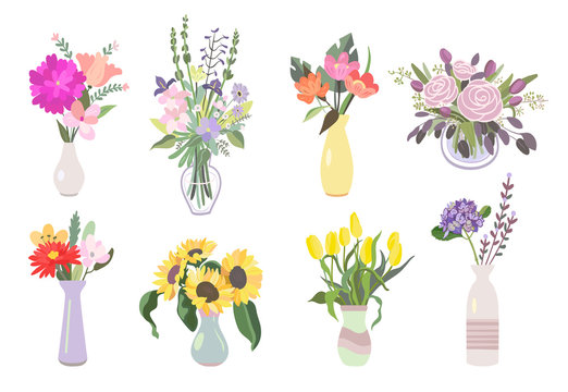 Colorful flowers flat icon pack. Bunch of plants bouquet in vases with vector illustration set. Rose, sunflowers, tulips and others. Decoration and nature concept