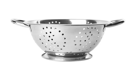 New clean colander isolated on white. Cooking utensils - obrazy, fototapety, plakaty