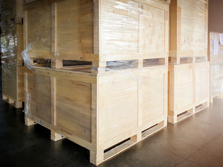 interior of storage warehouse, large shipment crate wooden pallet, cargo import and export,...