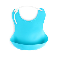 Blue silicone baby bib isolated on white, top view. First food