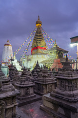 Fototapeta premium Swayambhunath (monkey temple) stupa on sunset Kathmandu, Nepal. A UNESCO Heritage Site. Ancient ruins and stone temples.
