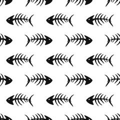 Fish bones Seamless pattern. Fish skeleton doodle, Hand drawn Cartoon Vector illustration