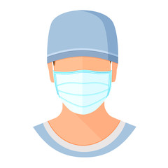 Doctor in a medical mask. Hospital or pollution protect face masking. Flat cartoon style vector illustration avatar icon image isolated on white background.