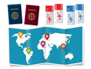 Travel map elements vector set. Travel trip and tour element like passport, ticket and map for world adventure isolated in white background. Vector illustration.  
