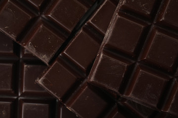 Delicious dark chocolate as background, closeup view